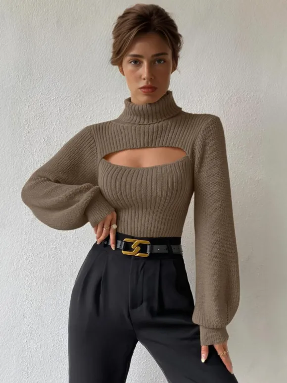 Pull Femme Kaki Col Rabattu Manches Longues Chandail En Polyester Extensible