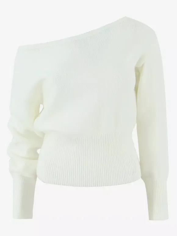 Pull asymétrique à taille côtelée et manches lanternes pour femme (2026)