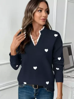 Pull à col en V imprimé c艙ur pour femme 2026