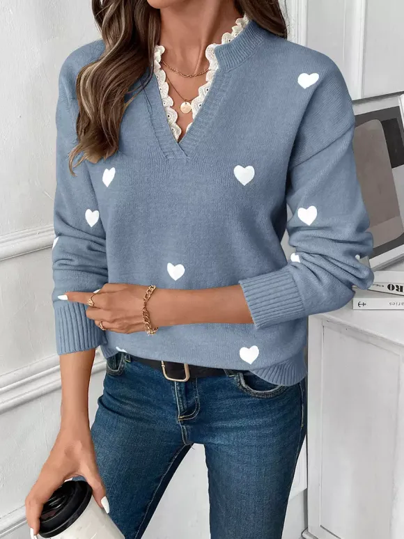 Pull à col en V imprimé c艙ur pour femme 2026