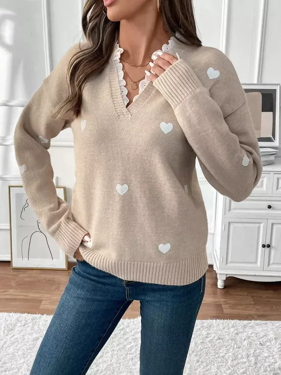 Pull à col en V imprimé c艙ur pour femme 2026
