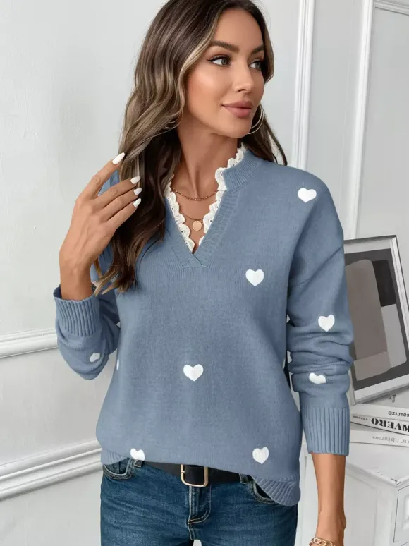 Pull à col en V imprimé c艙ur pour femme 2026
