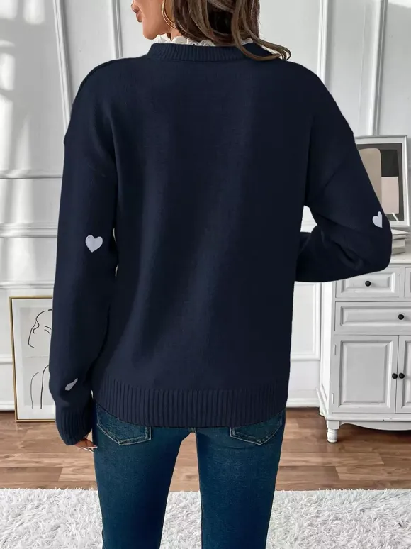 Pull à col en V imprimé c艙ur pour femme 2026