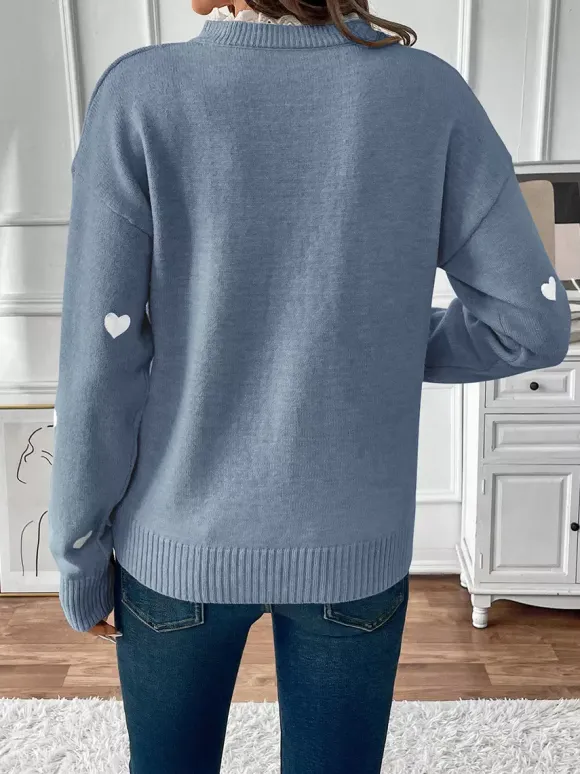 Pull à col en V imprimé c艙ur pour femme 2026