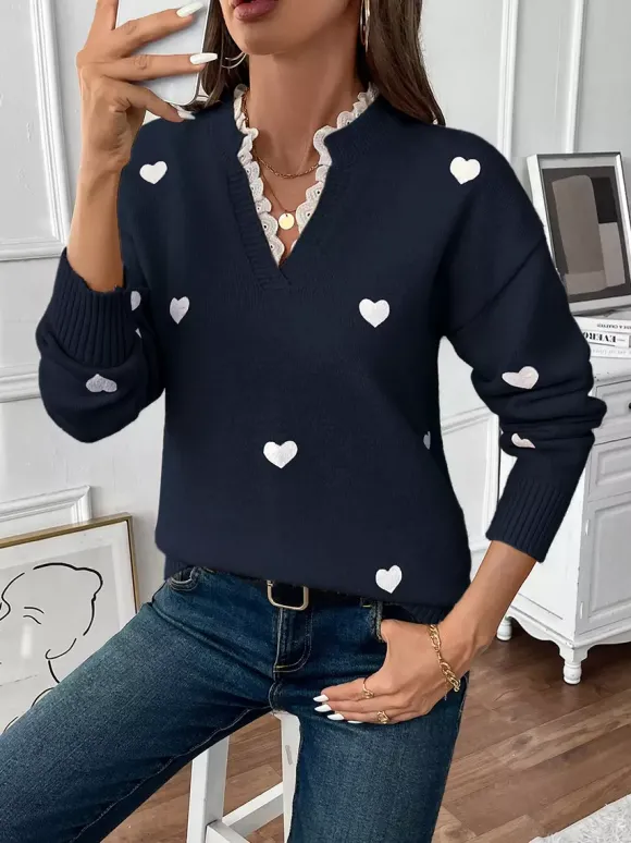 Pull à col en V imprimé c艙ur pour femme 2026