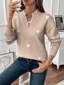 Pull à col en V imprimé c艙ur pour femme 2026