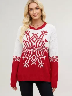 Pull de Noël à imprimé flocons de neige rouge et blanc en maille pour femme 2026
