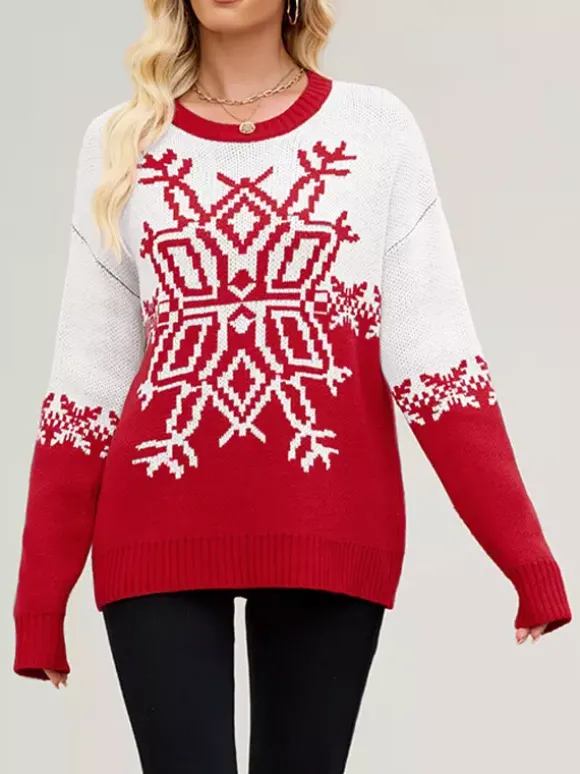 Pull de Noël à imprimé flocons de neige rouge et blanc en maille pour femme 2026