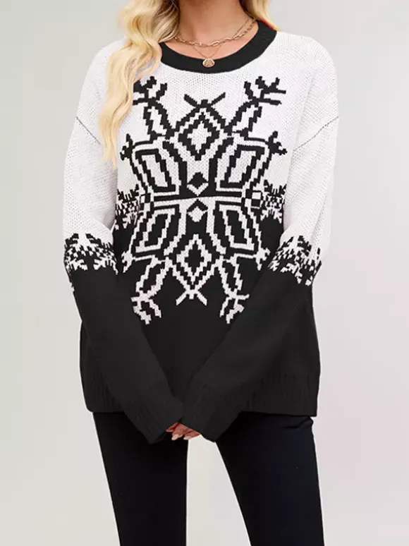 Pull de Noël à imprimé flocons de neige rouge et blanc en maille pour femme 2026