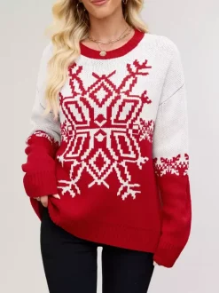 Pull de Noël à imprimé flocons de neige rouge et blanc en maille pour femme 2026