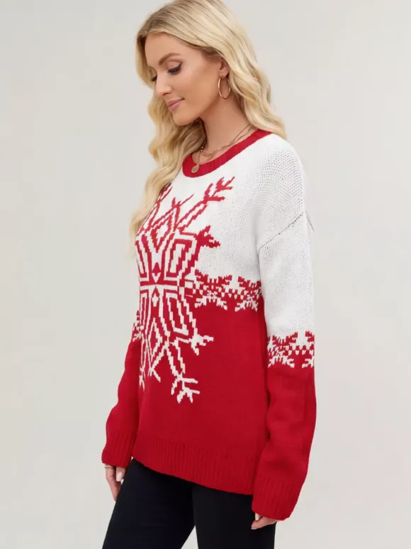 Pull de Noël à imprimé flocons de neige rouge et blanc en maille pour femme 2026