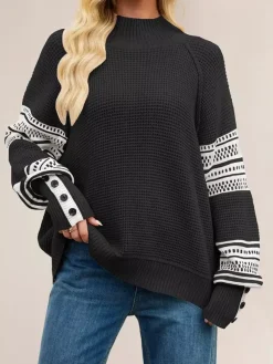 Pull en maille à col montant et rayures manches boutonnées collection femme 2026