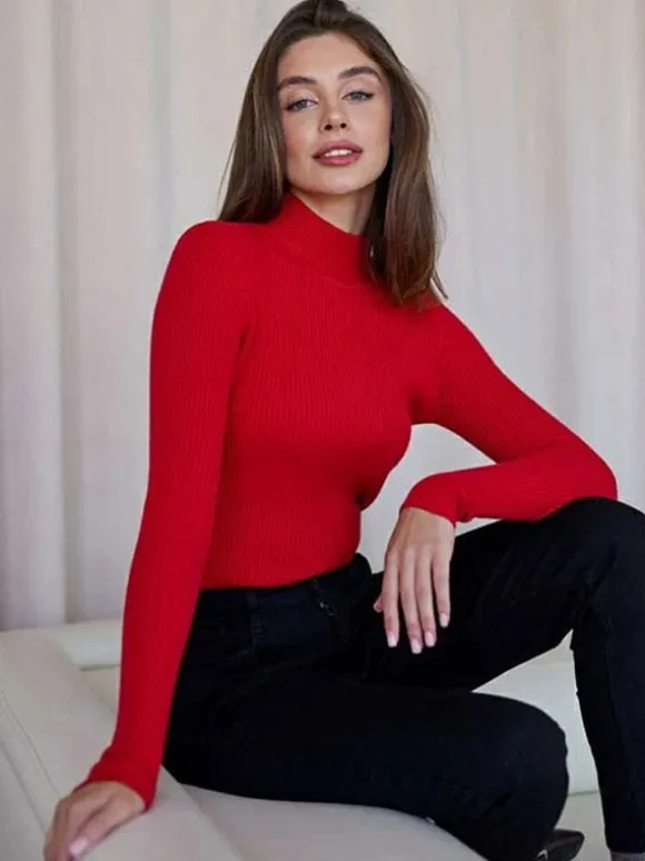 Pull Femme Chandails Simple Col Haut Manches Longues