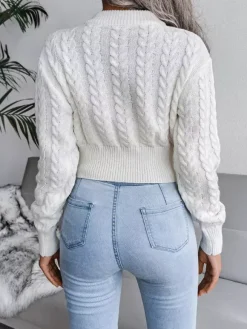 Pull Femme à Col Rond Taille Haute avec Manches Longues Unicolore
