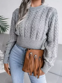 Pull Femme à Col Rond Taille Haute avec Manches Longues Unicolore