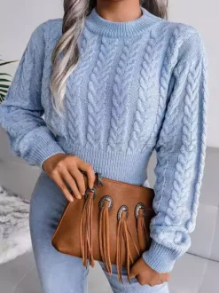 Pull Femme à Col Rond Taille Haute avec Manches Longues Unicolore