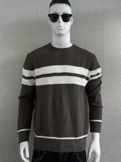 Pulls Homme Cardigan Maille Col Rond Rayures Hiver Noir Bleu
