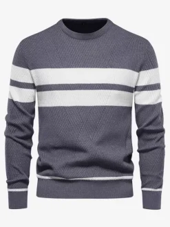 Pulls Homme Cardigan Maille Col Rond Rayures Hiver Noir Bleu