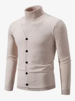 Pulls Hommes Tricots Col Haut Bleu Gris Bouton Chaud Hiver