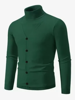 Pulls Hommes Tricots Col Haut Bleu Gris Bouton Chaud Hiver