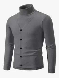 Pulls Hommes Tricots Col Haut Bleu Gris Bouton Chaud Hiver