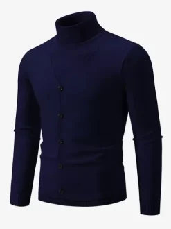 Pulls Hommes Tricots Col Haut Bleu Gris Bouton Chaud Hiver