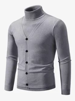 Pulls Hommes Tricots Col Haut Bleu Gris Bouton Chaud Hiver