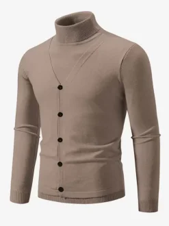 Pulls Hommes Tricots Col Haut Bleu Gris Bouton Chaud Hiver