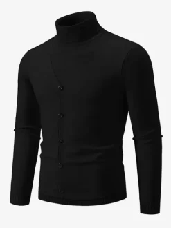 Pulls Hommes Tricots Col Haut Bleu Gris Bouton Chaud Hiver
