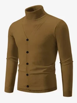 Pulls Hommes Tricots Col Haut Bleu Gris Bouton Chaud Hiver