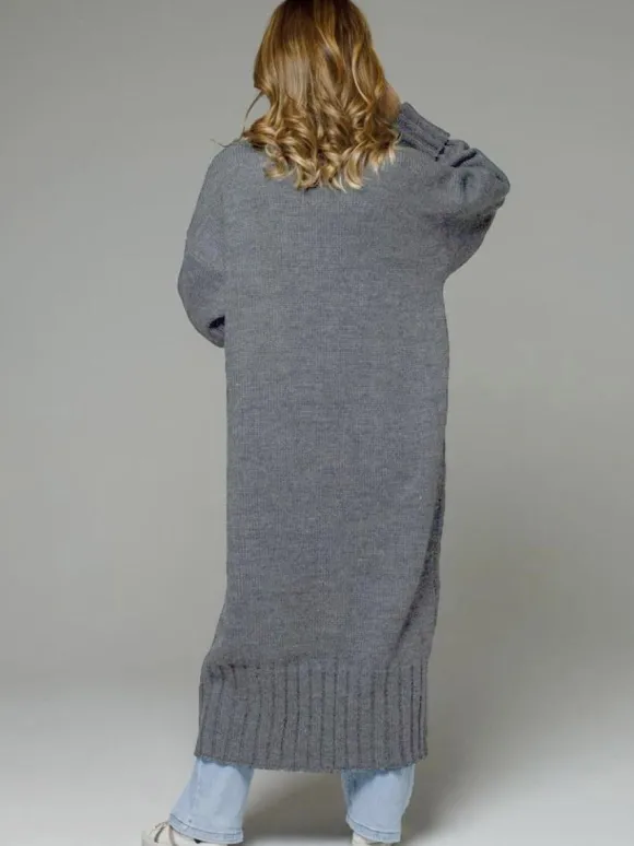 Pulls Longs Cardigans Gris Foncé Acrylique Poches Manches Longues