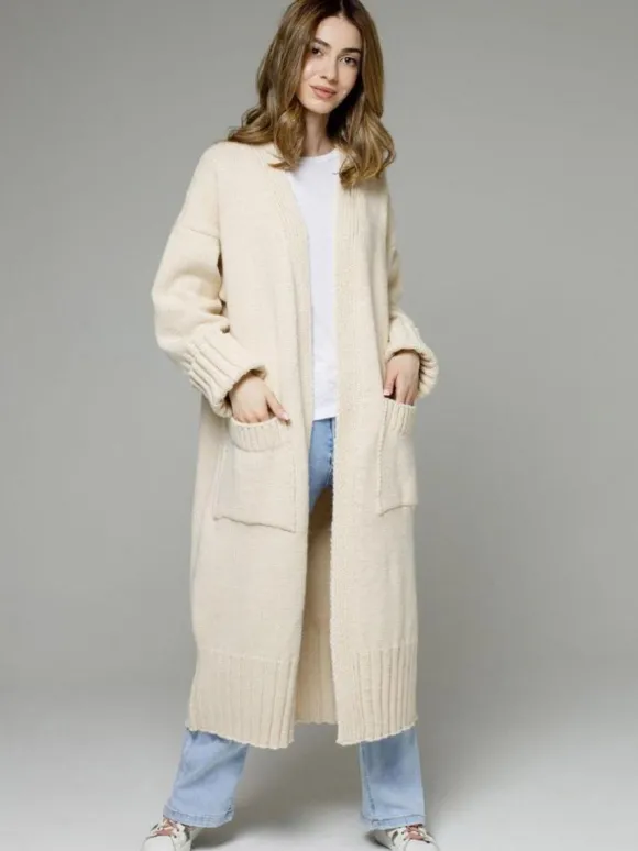 Pulls Longs Cardigans Gris Foncé Acrylique Poches Manches Longues