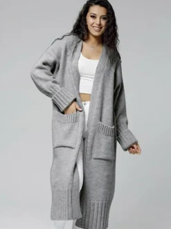 Pulls Longs Cardigans Gris Foncé Acrylique Poches Manches Longues