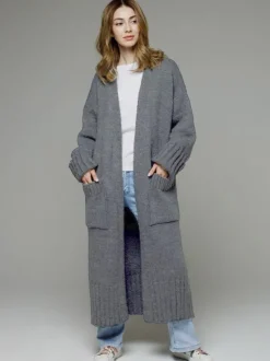 Pulls Longs Cardigans Gris Foncé Acrylique Poches Manches Longues