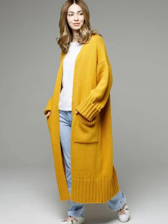 Pulls Longs Cardigans Gris Foncé Acrylique Poches Manches Longues