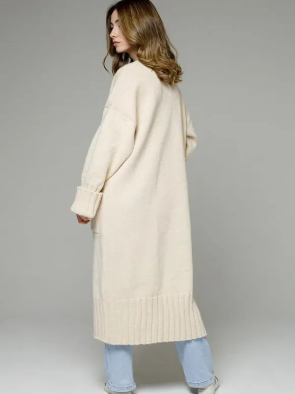 Pulls Longs Cardigans Gris Foncé Acrylique Poches Manches Longues