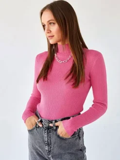 Pulls Pour Femme Gris Col Montant Manches Longues Chandails
