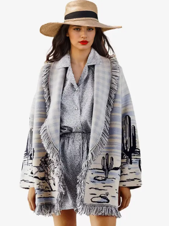 Pulls Cardigans Noire Imprimé Franges Manches Longues Col Rabattu Oversize