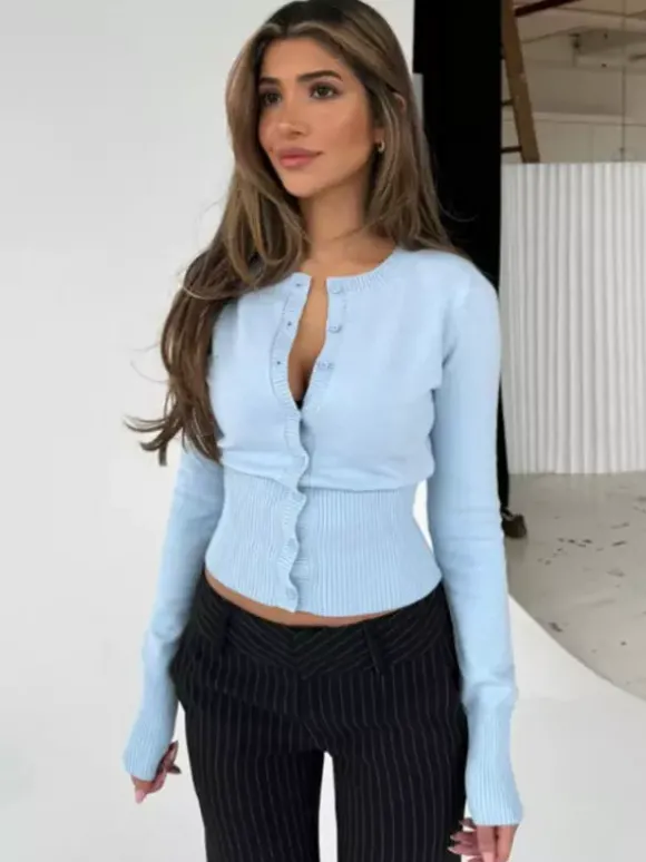 Pulls et gilets violet foncé en polyester à boutons manches longues et col rond