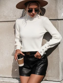 Pulls Femmes Boutons Noirs Col Haut Manches Longues En Polyester