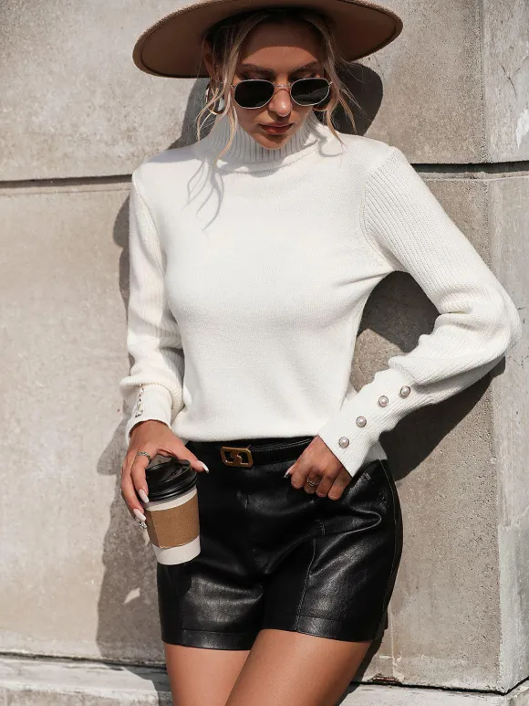 Pulls Femmes Boutons Noirs Col Haut Manches Longues En Polyester