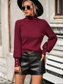 Pulls Femmes Boutons Noirs Col Haut Manches Longues En Polyester