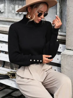 Pulls Femmes Boutons Noirs Col Haut Manches Longues En Polyester