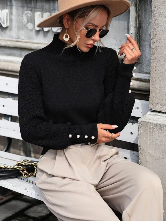 Pulls Femmes Boutons Noirs Col Haut Manches Longues En Polyester