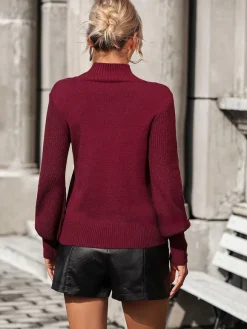 Pulls Femmes Boutons Noirs Col Haut Manches Longues En Polyester