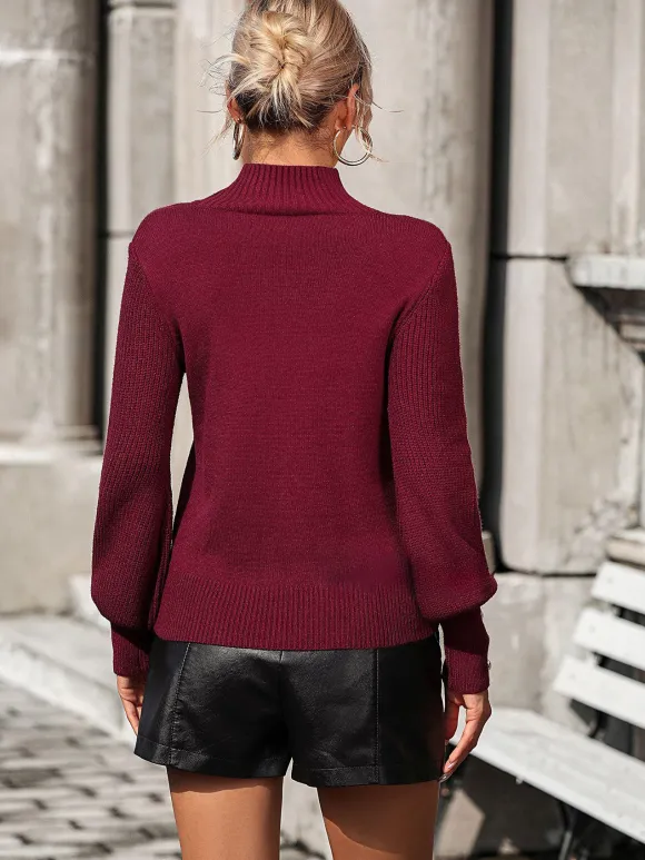 Pulls Femmes Boutons Noirs Col Haut Manches Longues En Polyester