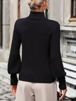 Pulls Femmes Boutons Noirs Col Haut Manches Longues En Polyester