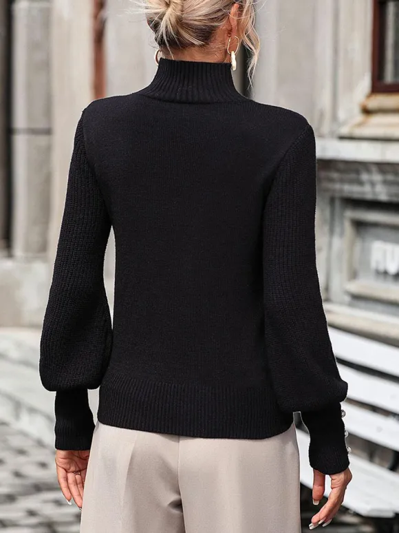 Pulls Femmes Boutons Noirs Col Haut Manches Longues En Polyester