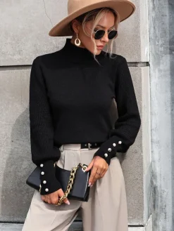 Pulls Femmes Boutons Noirs Col Haut Manches Longues En Polyester