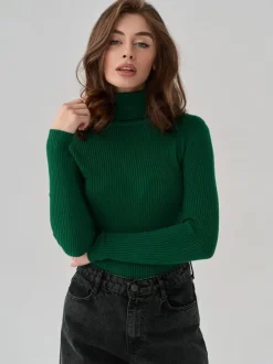 Pulls Pour Femme Kaki Col Montant Manches Longues Acrylique Chandail